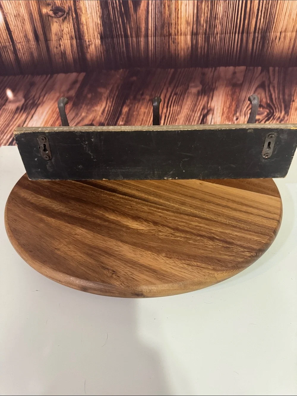 Rustic Whitewashed Wood Wall Hook Rack - 3 Vintage Metal Hooks